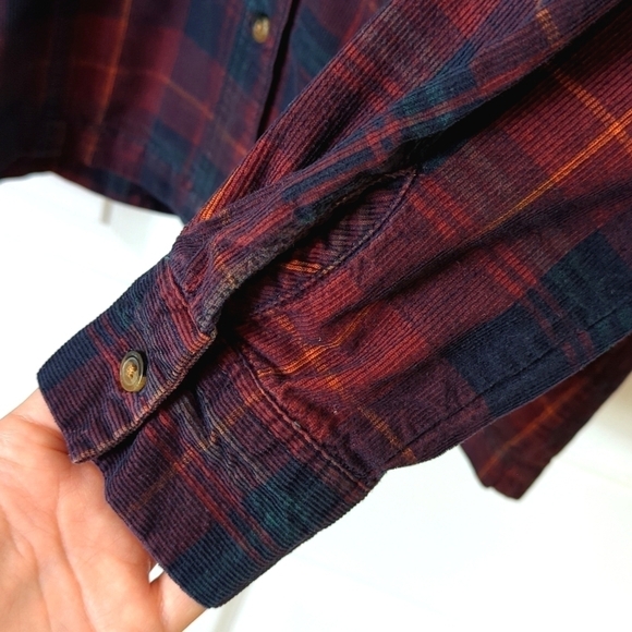 Topshop Classic Plaid Pinwale Corduroy Long Sleeve Button Down Shirt Burgundy 8 - Picture 10 of 12